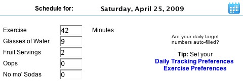 Daily log is automatically pre-filled with exercise and diet tracking preferences.